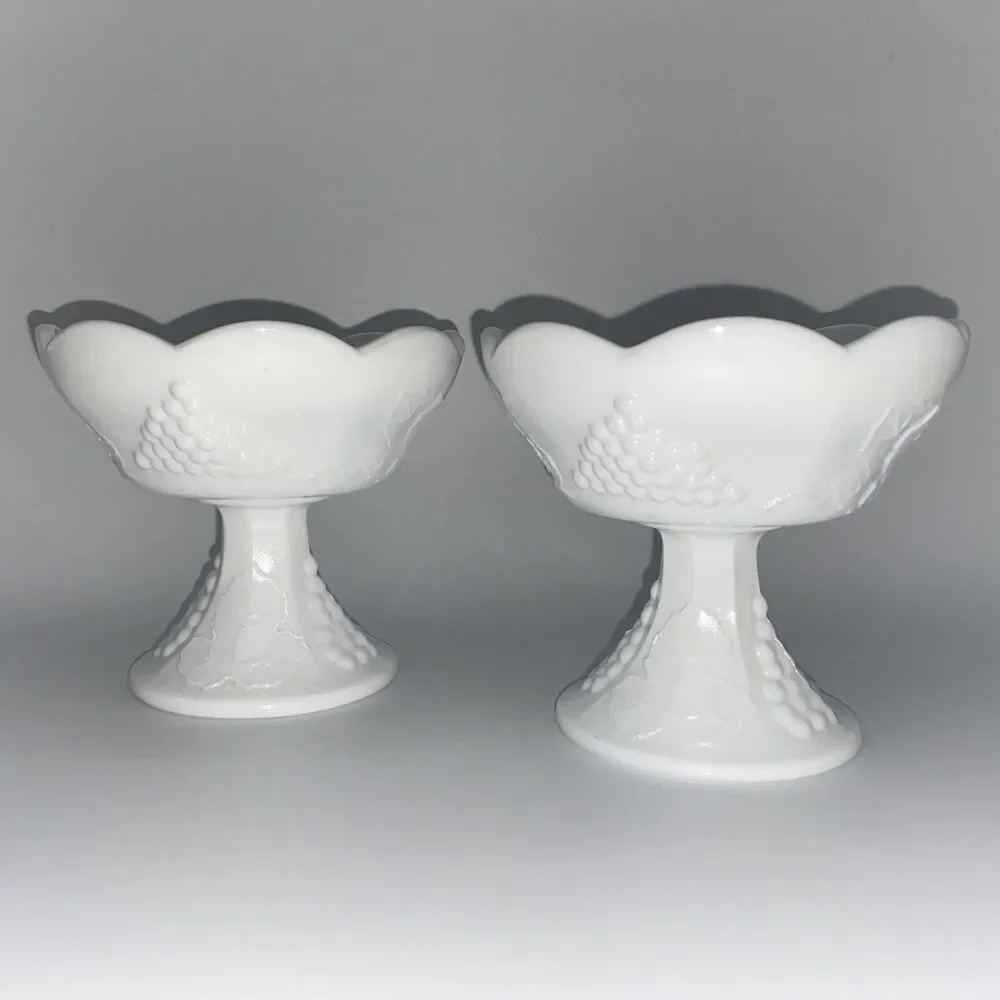 Pair of Vintage Indiana Colony Harvest Grape Milk Glass Pedestal Candle Holder
